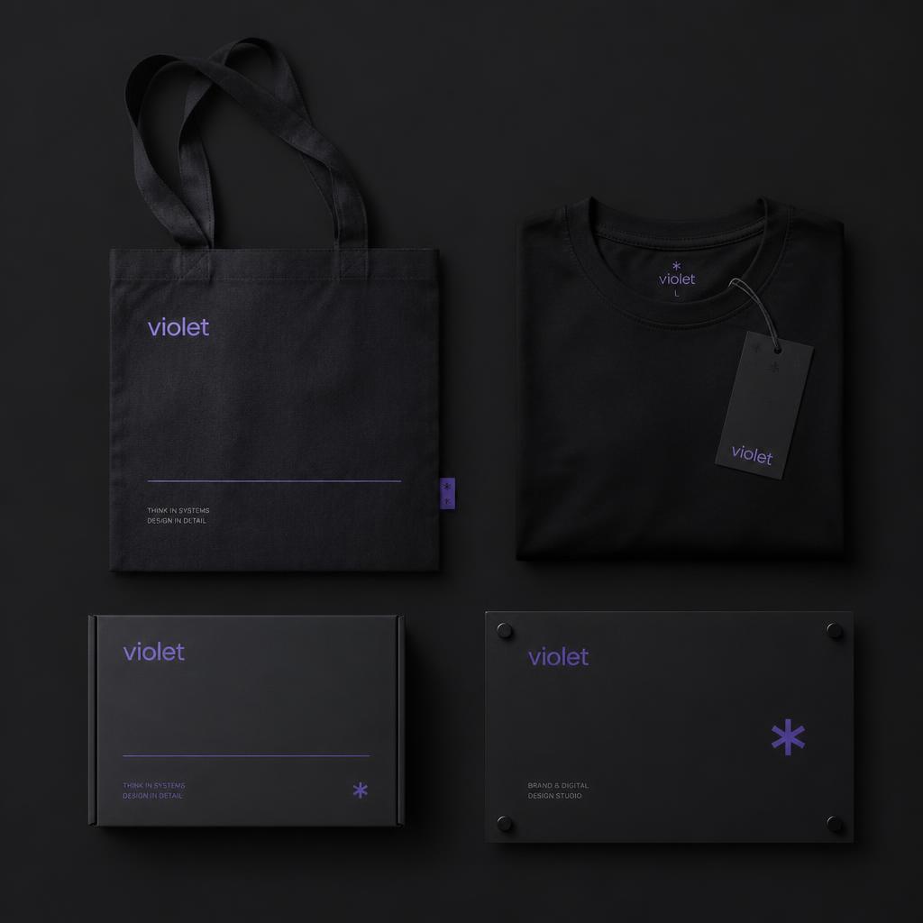 Aplicações de marca: sacola, camiseta, embalagem e placa em preto com detalhes violeta
