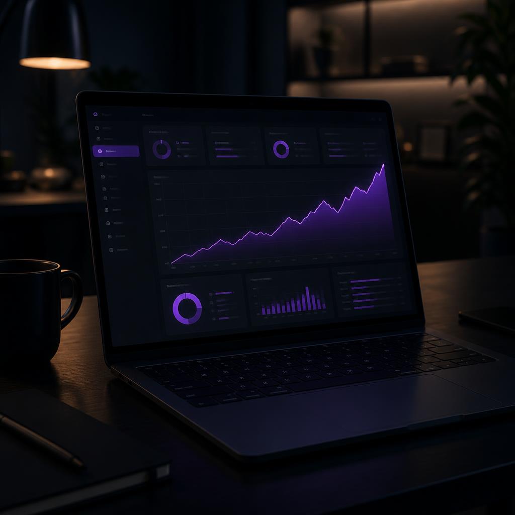 Painel de resultados com gráfico de vendas subindo em um notebook