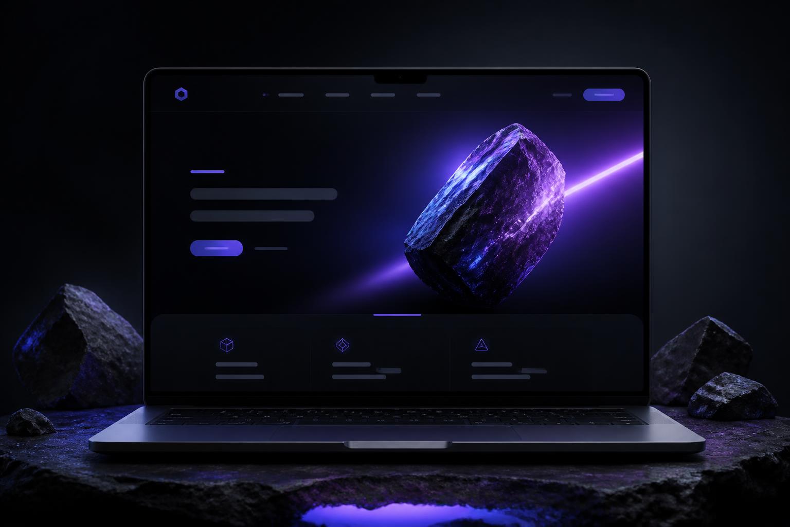 Notebook exibindo um site premium em tons escuros com detalhes violeta