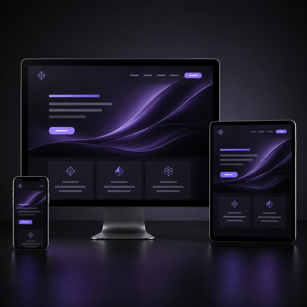 O mesmo site exibido em computador, tablet e celular