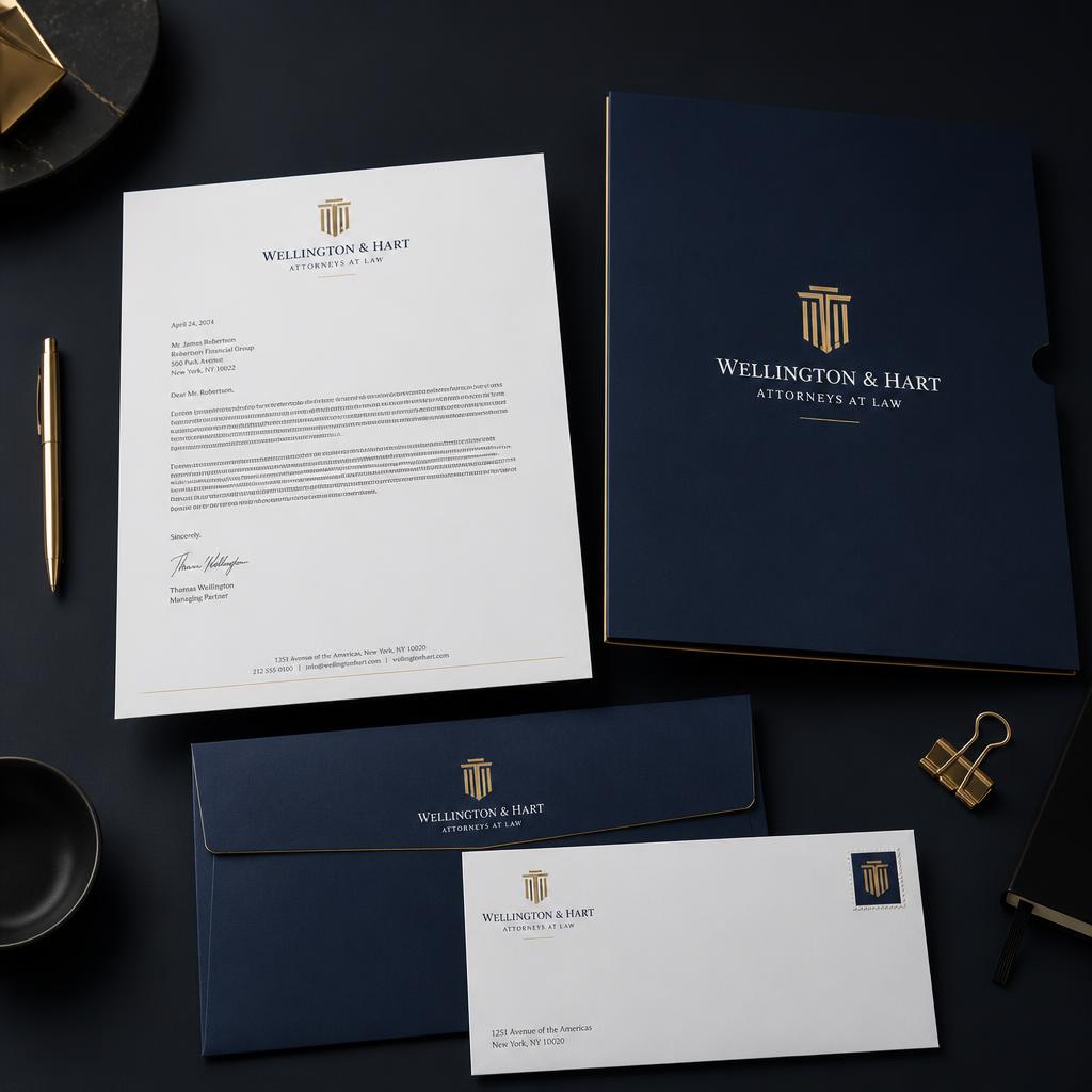 Identidade visual Wellington & Hart: Advocacia: papelaria institucional premium