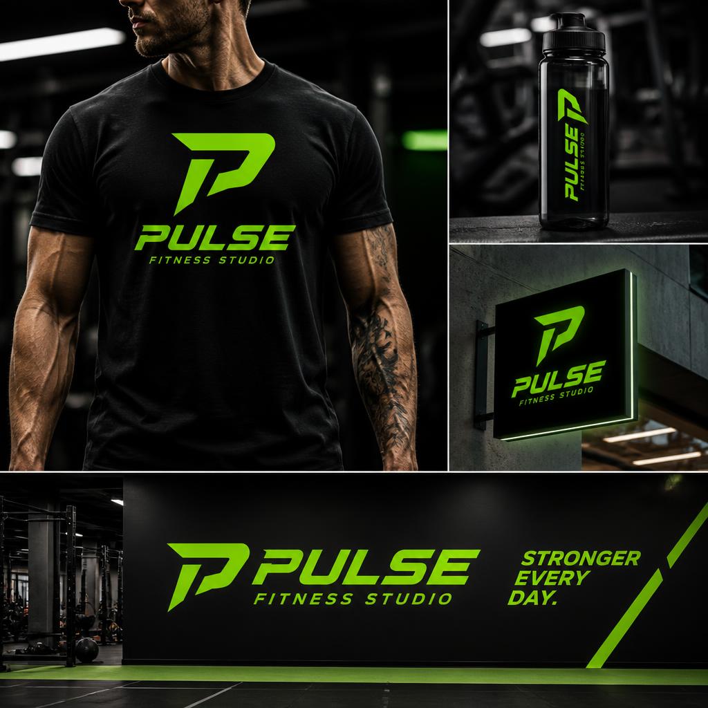 Identidade visual Pulse Fitness: Estúdio de treino: uniforme, sinalização e fachada